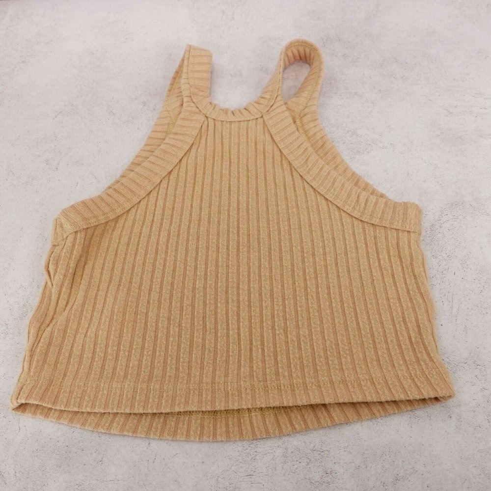 Crop Tank Top Womens XS Nude Tan Wide Ribbed Stretch Knit TRULY MADLY DEEPLY - Picture 2 of 8